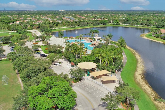 drone / aerial view featuring a water view
