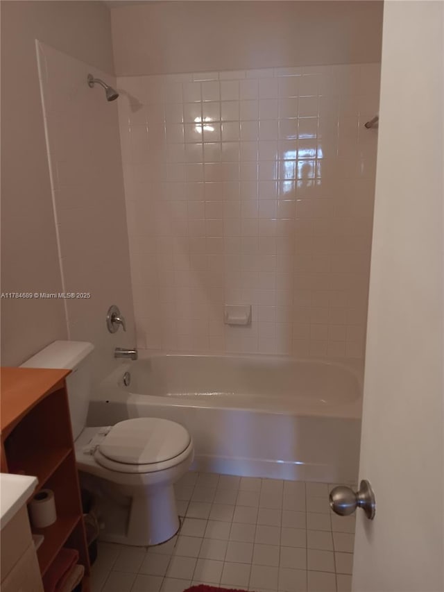 full bathroom with vanity, bathing tub / shower combination, toilet, and tile patterned flooring