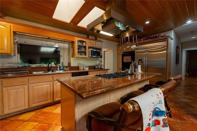 kitchen featuring black appliances, a sink, ventilation hood, a kitchen breakfast bar, and a kitchen island