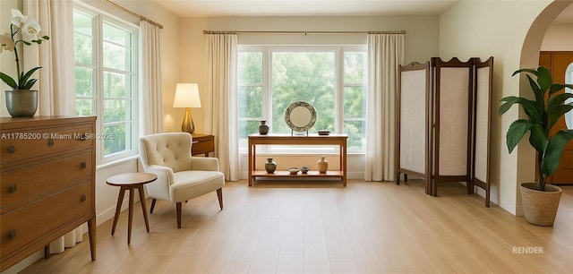 living area featuring arched walkways, light wood-type flooring, and baseboards