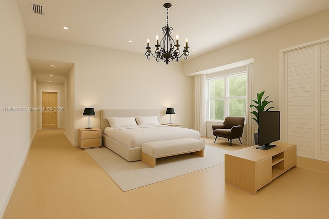 bedroom with a chandelier, recessed lighting, and baseboards