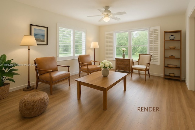 living area featuring ceiling fan, light wood finished floors, and baseboards