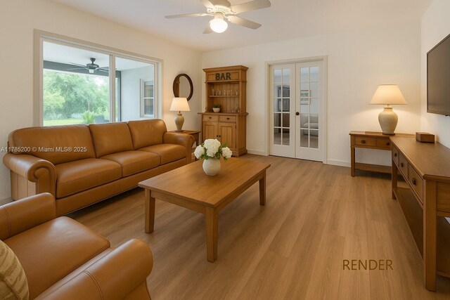 living room with ceiling fan, light wood finished floors, baseboards, and french doors