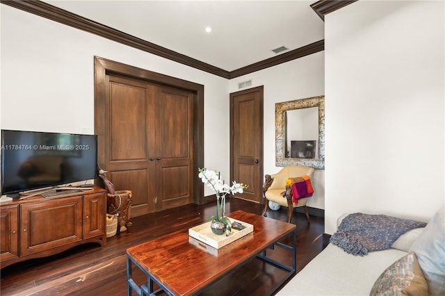 1511 Alegriano Ave, Coral Gables, FL 33146 - living room with visible vents, dark wood-type flooring, and ornamental molding