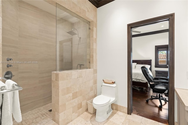 1511 Alegriano Ave, Coral Gables, FL 33146 - ensuite bathroom with connected bathroom, ornamental molding, toilet, and walk in shower