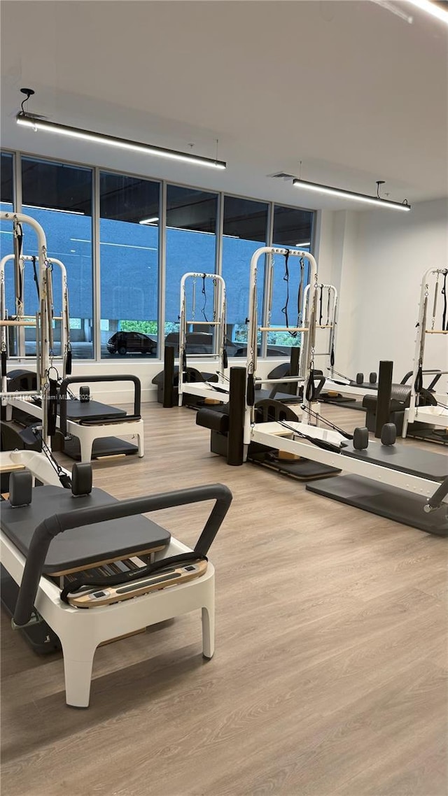 gym featuring expansive windows and wood finished floors