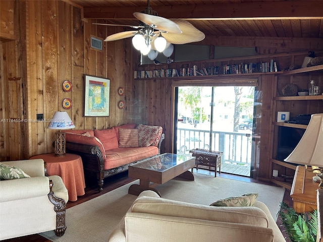 living room featuring visible vents, wood walls, beam ceiling, ceiling fan, and wood ceiling