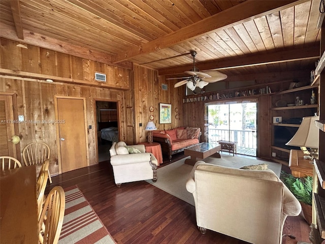 living room with visible vents, beam ceiling, wood finished floors, wooden walls, and wood ceiling