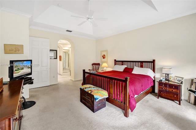 1951 NW 167th Ter, Pembroke Pines, FL 33028 - carpeted bedroom featuring a ceiling fan, crown molding, ensuite bathroom, arched walkways, and visible vents