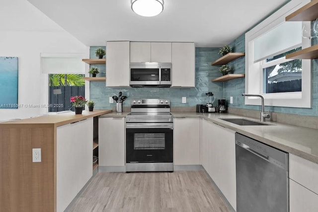 kitchen featuring white cabinetry, backsplash, open shelves, stainless steel appliances, and a sink