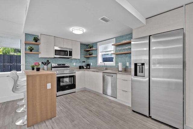 kitchen featuring open shelves, visible vents, appliances with stainless steel finishes, a sink, and decorative backsplash