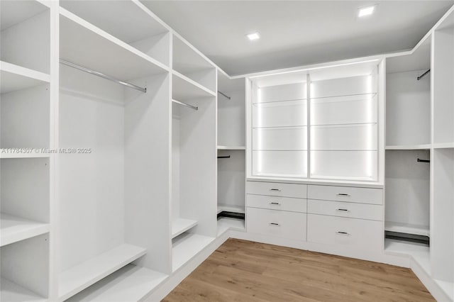 walk in closet with light wood-style flooring