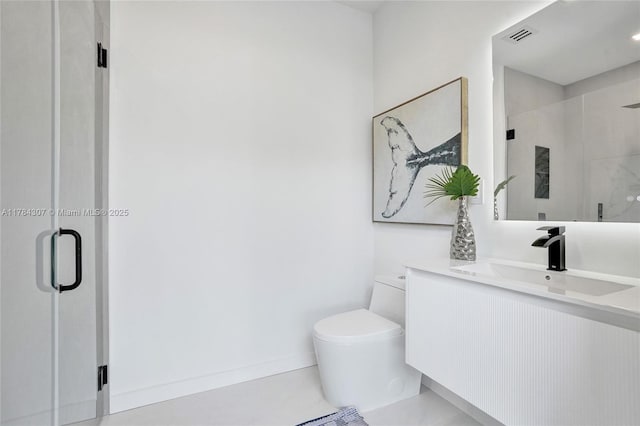 full bath with visible vents, a stall shower, toilet, and vanity