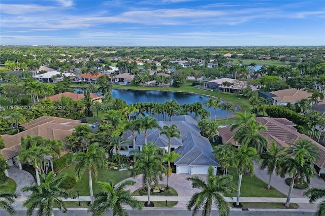 aerial view with a water view and a residential view