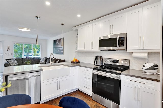 kitchen with stainless steel appliances, a peninsula, a sink, decorative backsplash, and open shelves