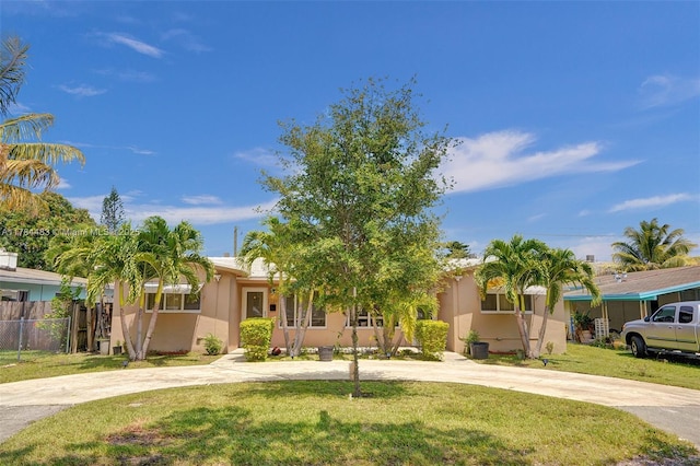view of front of home featuring stucco siding, fence, curved driveway, and a front yard