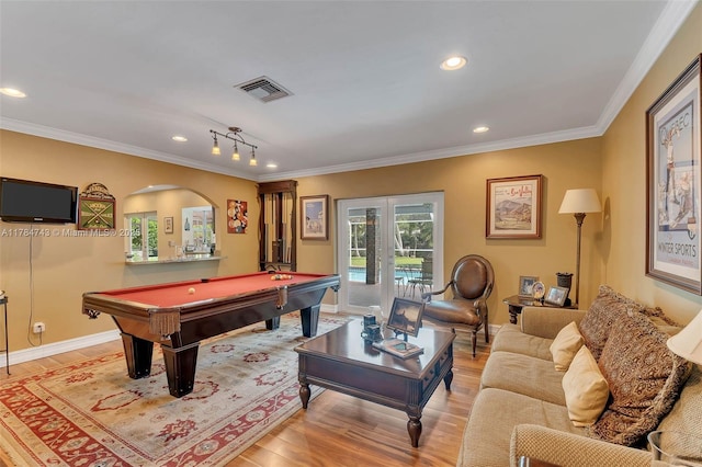 15801 SW 77th Ct, Palmetto Bay, FL 33157 - rec room with pool table, ornamental molding, recessed lighting, light wood-type flooring, and baseboards
