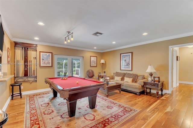 15801 SW 77th Ct, Palmetto Bay, FL 33157 - game room with french doors, light wood finished floors, billiards table, ornamental molding, and recessed lighting
