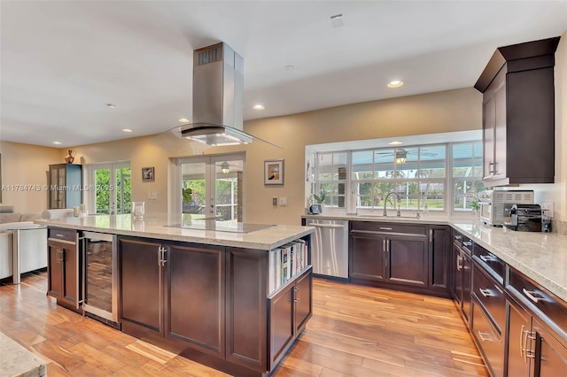15801 SW 77th Ct, Palmetto Bay, FL 33157 - kitchen with beverage cooler, island exhaust hood, dishwasher, electric cooktop, and open floor plan