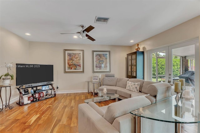 15801 SW 77th Ct, Palmetto Bay, FL 33157 - living area with baseboards, light wood-style flooring, a ceiling fan, recessed lighting, and french doors