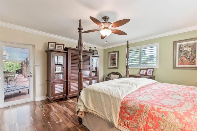 15801 SW 77th Ct, Palmetto Bay, FL 33157 - bedroom featuring access to exterior, crown molding, dark wood-type flooring, a ceiling fan, and baseboards