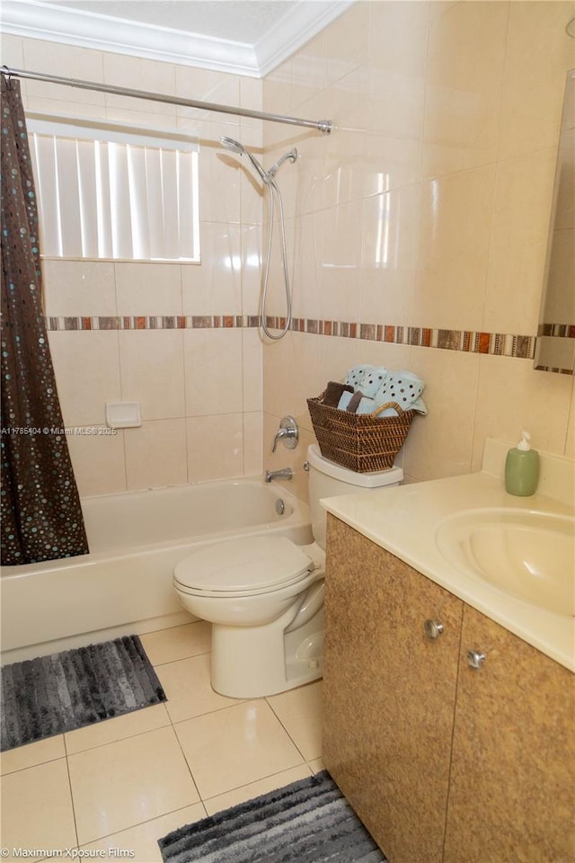 bathroom with vanity, ornamental molding, tile patterned flooring, toilet, and shower / bath combo with shower curtain