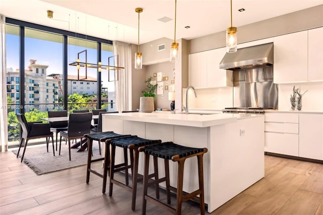 3581 E Glencoe St Unit 309, Miami, FL 33133 - kitchen featuring a sink, white cabinets, range hood, and light wood-style floors