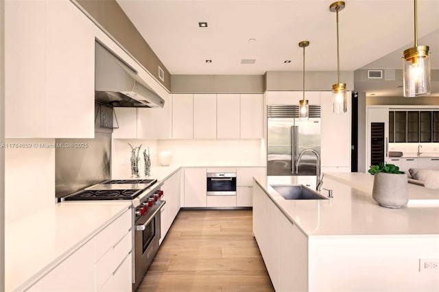 3581 E Glencoe St Unit 309, Miami, FL 33133 - kitchen with high quality appliances, a sink, under cabinet range hood, light wood finished floors, and light countertops