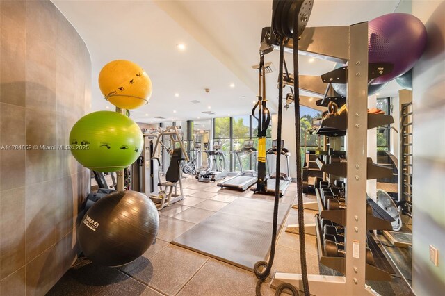 3581 E Glencoe St Unit 309, Miami, FL 33133 - exercise room with floor to ceiling windows, french doors, and recessed lighting