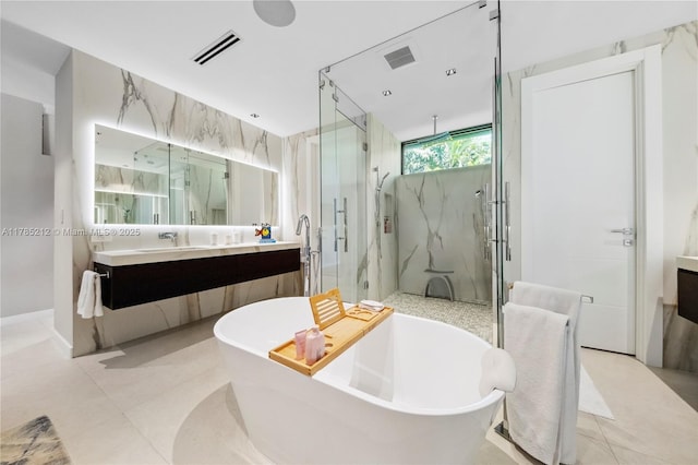 8825 SW 64th Ct, Pinecrest, FL 33156 - bathroom with a marble finish shower, vanity, and a freestanding bath