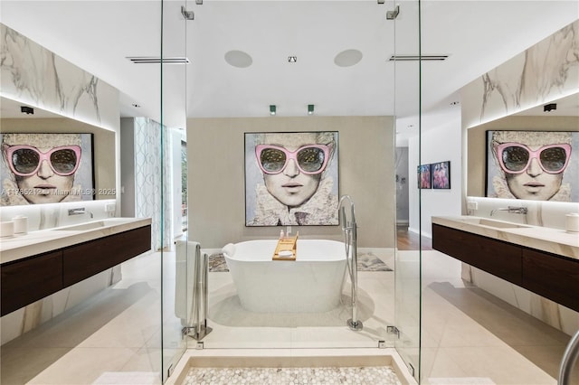 8825 SW 64th Ct, Pinecrest, FL 33156 - full bath with a freestanding tub, vanity, a shower stall, and tile patterned flooring