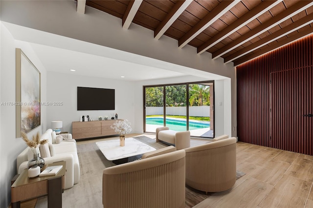 15201 SW 87th Ct, Palmetto Bay, FL 33157 - living area featuring light wood-style flooring, wooden ceiling, lofted ceiling with beams, and recessed lighting