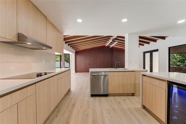 15201 SW 87th Ct, Palmetto Bay, FL 33157 - kitchen featuring exhaust hood, wine cooler, stainless steel dishwasher, a sink, and light brown cabinetry