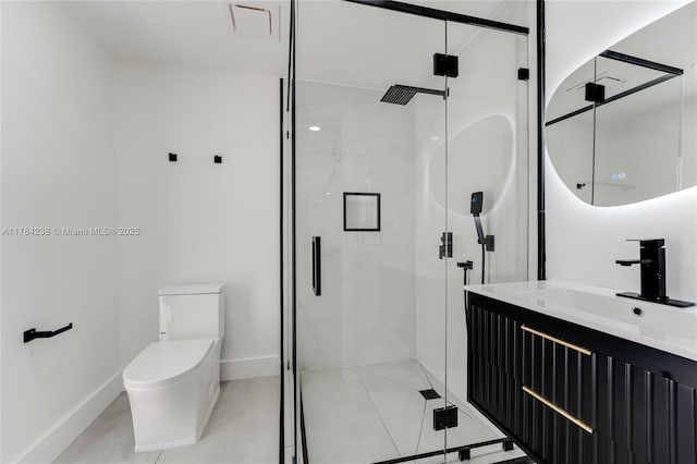 15201 SW 87th Ct, Palmetto Bay, FL 33157 - bathroom featuring vanity, toilet, tile patterned floors, a marble finish shower, and baseboards
