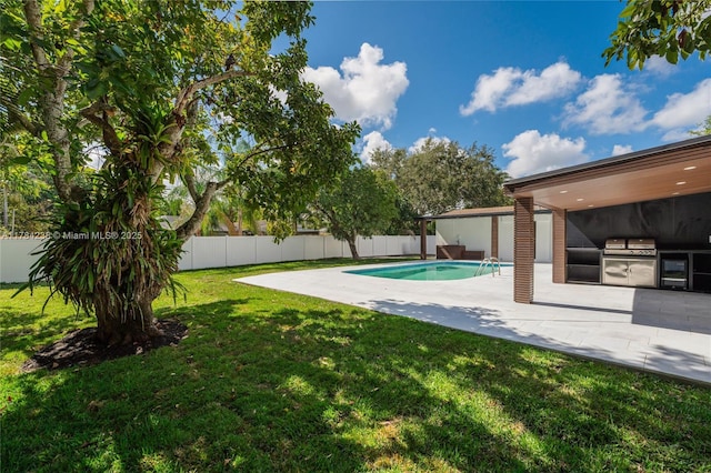 15201 SW 87th Ct, Palmetto Bay, FL 33157 - view of yard with exterior kitchen, a patio, a fenced backyard, and a fenced in pool