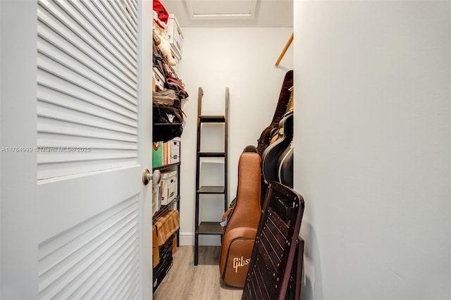 walk in closet with wood finished floors