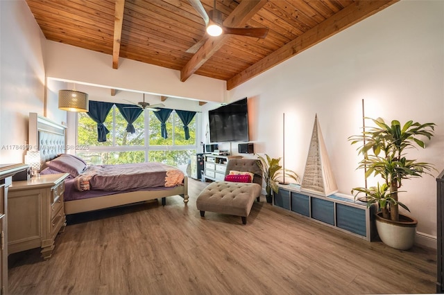 bedroom with a ceiling fan, wooden ceiling, beam ceiling, and wood finished floors