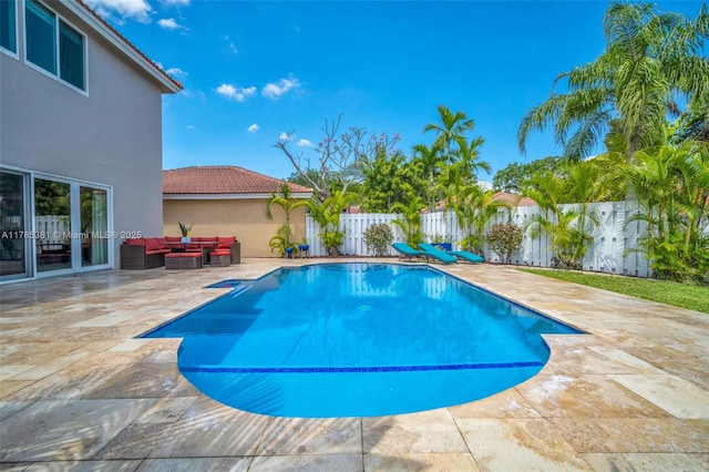 13473 NW 5th Ct, Plantation, FL 33325 - view of swimming pool featuring a patio area, a fenced backyard, an outdoor living space, french doors, and a fenced in pool