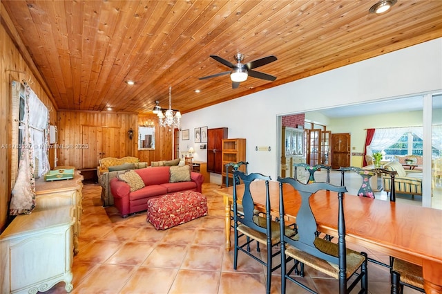 living room with recessed lighting, tile patterned floors, wooden walls, ceiling fan with notable chandelier, and wooden ceiling