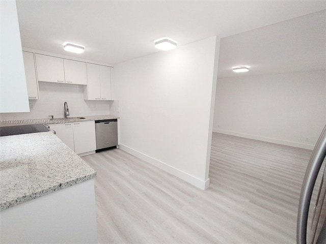60 Burgundy B 60, Delray Beach, FL 33484 - kitchen featuring light wood-style floors, white cabinetry, dishwasher, a sink, and baseboards