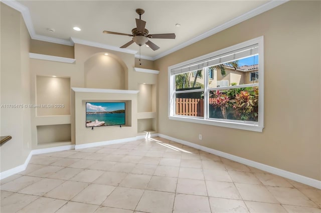 unfurnished living room featuring built in features, ornamental molding, tile patterned flooring, ceiling fan, and baseboards