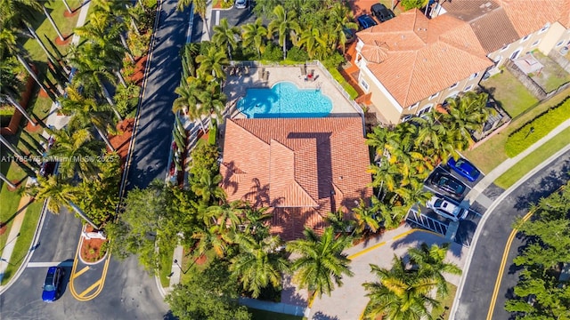 view from above of property featuring a pool