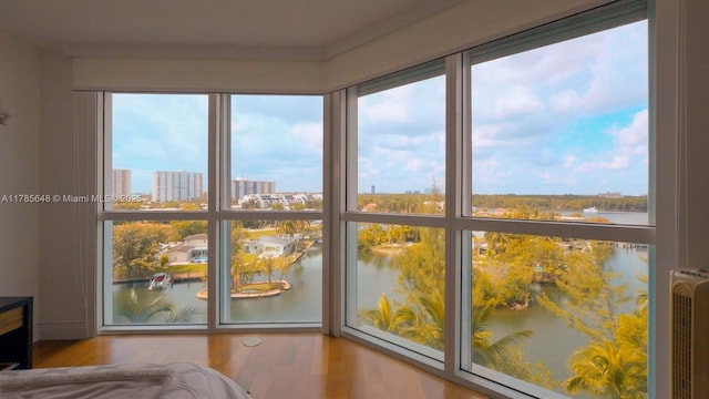 sunroom with a water view