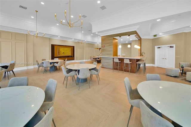 16500 Collins Ave Unit 656, Sunny Isles Beach, FL 33160 - dining space featuring ornamental molding, baseboards, recessed lighting, and a chandelier