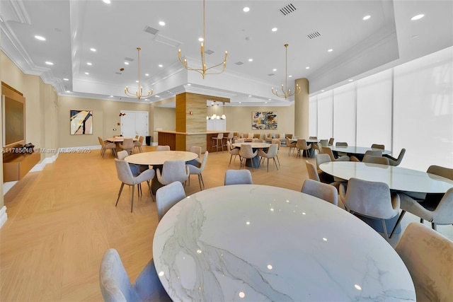 16500 Collins Ave Unit 656, Sunny Isles Beach, FL 33160 - dining room with crown molding, baseboards, recessed lighting, and a raised ceiling