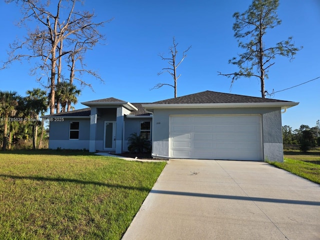 497 Lenox Ave S, Lehigh Acres, FL 33974 - view of front of house with a front yard, an attached garage, driveway, and stucco siding