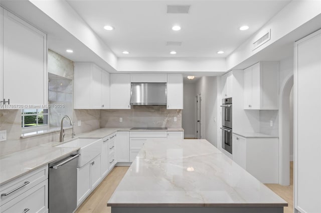 6320 Hancock Rd, Southwest Ranches, FL 33330 - kitchen featuring stainless steel appliances, wall chimney exhaust hood, a center island, decorative backsplash, and white cabinets