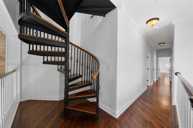 6320 Hancock Rd, Southwest Ranches, FL 33330 - staircase with wood finished floors, baseboards, attic access, and crown molding