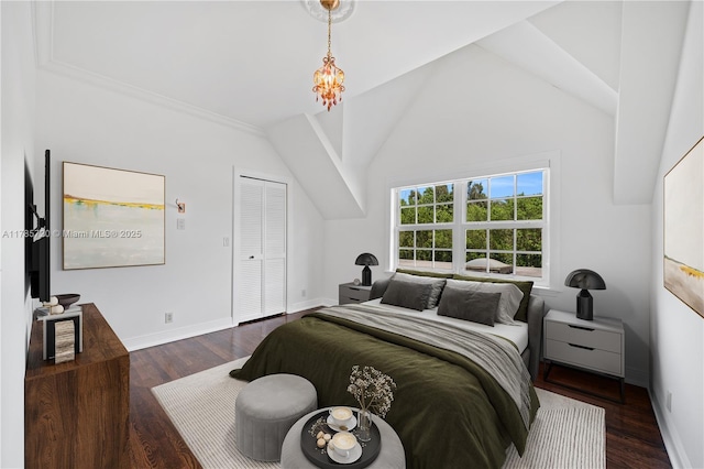 6320 Hancock Rd, Southwest Ranches, FL 33330 - bedroom featuring wood finished floors, vaulted ceiling, a closet, and a chandelier