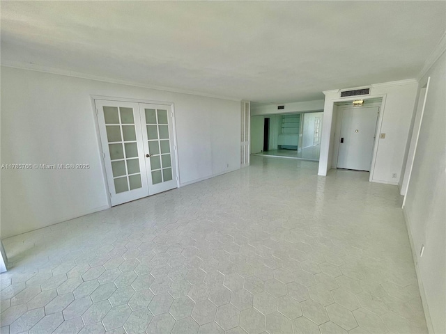 1111 Crandon Blvd Unit B804, Key Biscayne, FL 33149 - spare room featuring crown molding, visible vents, french doors, and baseboards